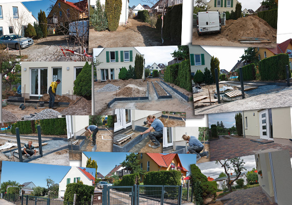 Neugestaltung der Außenanlage. Betonrechteckpflaster herbstbunt, Zaun und Toranlage, Dachentwässerung in Eco-Blöcke .